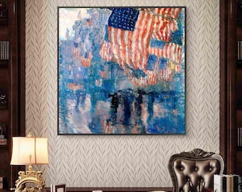 Pintura al óleo de la Quinta Avenida lluviosa / Bandera estadounidense impresionista, Nueva York