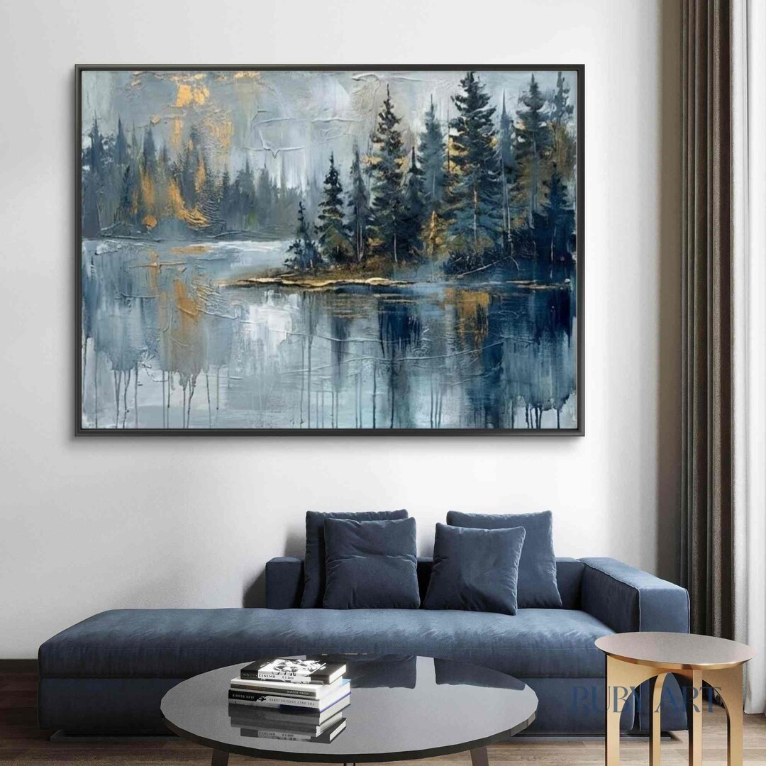 Original Forest Lake Oil Painting | Blue Gray Woodland Landscape Art ...
