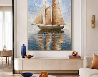 Original Oil Painting Sailboat Seascape Canvas | Textured Coastal Nautical Art