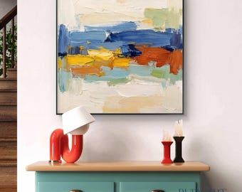 Pintura al óleo abstracta de la costa / Arte mural de paisaje marino vibrante, decoración moderna para casas de playa