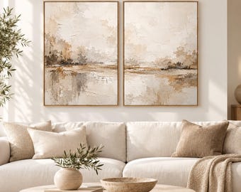 Neutral Textured Diptych Painting, Beige Plaster Wall Art Set of 2