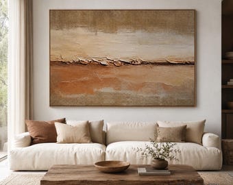 Abstraktes Gemälde in Erdtönen mit Struktur | Landschaftsbild auf neutralem Beige-Braun-Leinwand