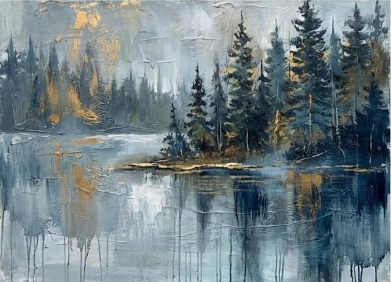 Original Forest Lake Oil Painting | Blue Gray Woodland Landscape Art ...