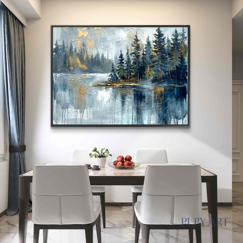 Original Forest Lake Oil Painting | Blue Gray Woodland Landscape Art ...