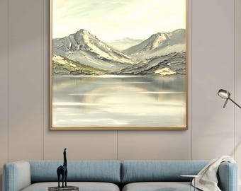 Pintura al óleo minimalista de paisaje de montaña / Arte de reflejo sereno en el lago / Paisaje abstracto neutro