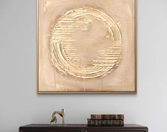 Decoración de pared moderna en color beige / Lienzo esférico orgánico original / Arte Wabi-Sabi