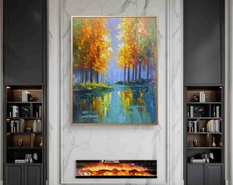 Pintura al óleo de bosque otoñal hecha a mano / Arte de lienzo de paisaje colorido / Pintura con espátula texturizada