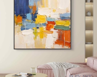 Pintura al óleo texturizada / Arte abstracto sobre lienzo en tonos azules, amarillos y naranjas.