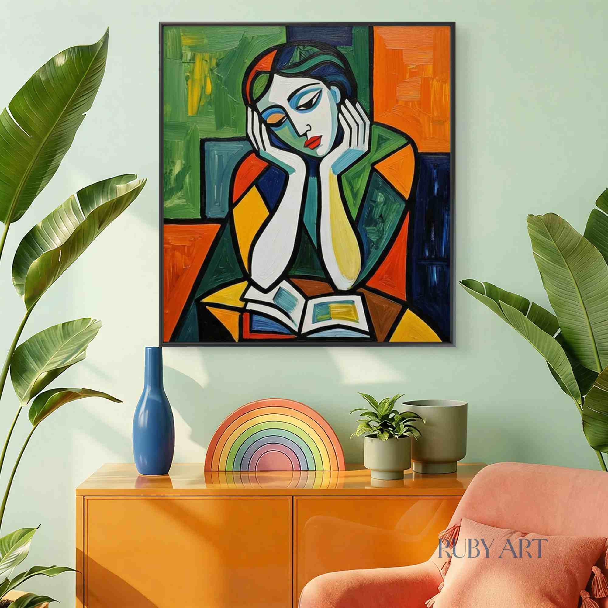 Cubist Woman Reading Oil Painting | Modern Abstract Portrait Art - Etsy