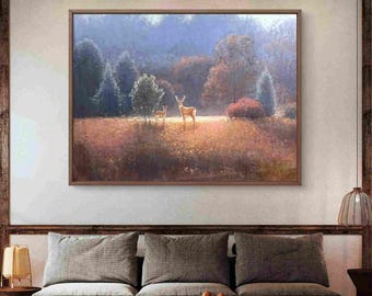 Pintura al óleo de ciervo pintada a mano / Arte en lienzo de vida silvestre del bosque