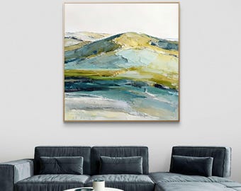 Pintura al óleo de paisaje abstracto / Arte mural de colinas verdes y azules / Obra de arte de naturaleza moderna / Paisaje contemporáneo texturizado