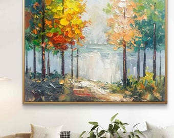 Pintura al óleo colorida hecha a mano personalizada con espátula / Arte mural con árboles otoñales / Paisaje forestal texturizado