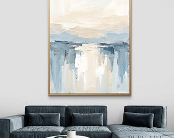 Pintura al óleo abstracta de la costa / Arte texturizado del horizonte oceánico / Arte minimalista para la pared de la playa