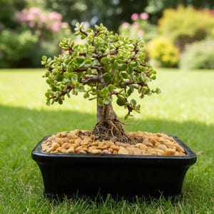 May include: A small bonsai tree with vibrant green leaves and a textured trunk. The tree sits in a black rectangular pot filled with small, light brown pebbles. The background features green grass and a blurred view of a garden.