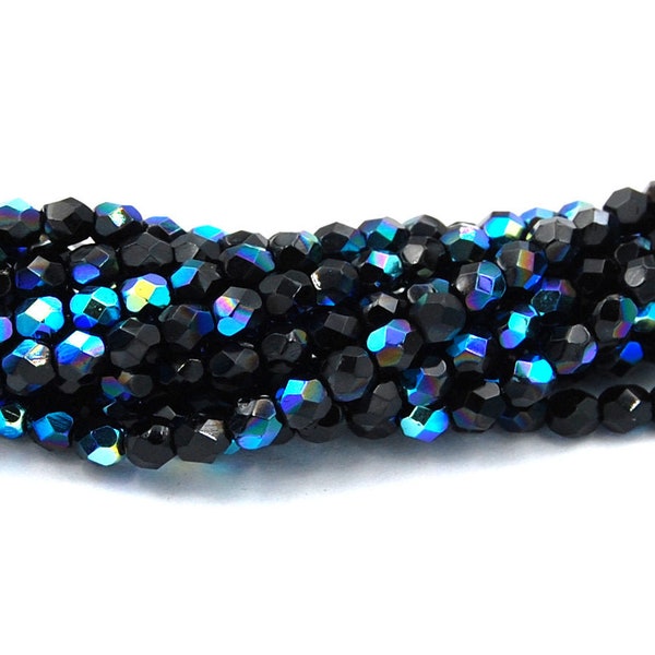 4mm AB Jet Black Crystal Czech Glass Faceted Bead, Round - 50 Pc