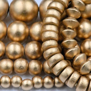 Metallic Gold Wood Beads 6mm, 8mm, 10mm, 12mm 16mm 20mm Round Bicone Rondelle