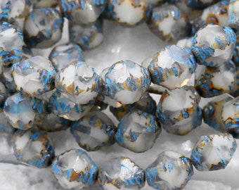 8x10mm Faceted Bicone White with a Picasso Finish and Turquoise Wash Czech Glass Beads 6pc