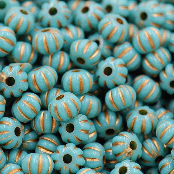 Turquoise Acrylic Fluted Carved beads Gold Enlaced 7mm -100pc