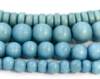 Cuentas azules descoloridas de 6 mm, 8 mm, 10 mm y 12 mm, cuentas de madera redondas o rondelle - tira de 16 pulgadas
