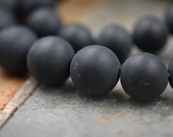 Matte Soft Black Onyx, 4mm, 6mm, 8mm, 10mm, 12mm Frosted Black Gray Onyx Round Beads in Opaque Finish -15.5 inch strand