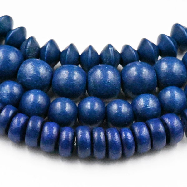 Starry Night Blue Wood Round 6mm-12mm Round, 8mm Bicone or Rondelle, Dark Blue Wood Beads -16 inch strand