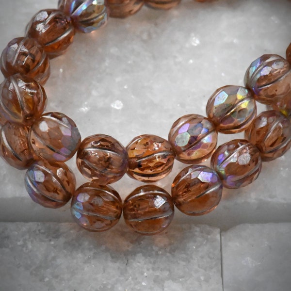 Czech Glass Beads 8mm Faceted Melon Peach with AB Finish and Metallic Beige Wash 10pc