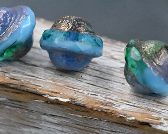 Czech Glass Beads 10x8mm Saturn Teal and Sky Blue with an Etched Finish and Bronze and Gold Washes, 6pc