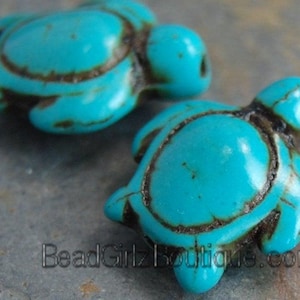 Howlite dyed turquoise blue, 14x17mm double-sided carved sea turtle -15 inch strand