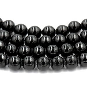 Large Hole, Black Tourmaline, Black 8mm Shiny round beads -15 inch strand