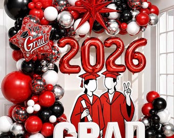 Red Black & Silver Graduation Balloon Arch Kit 133pcs, Confetti Balloons, Class of 2026 Party Decorations