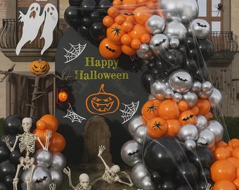 Halloween Balloon Arch Kit 105pcs Black Orange Silver Balloons with 3D Bats and Spider Web for Spooky Party Decorations