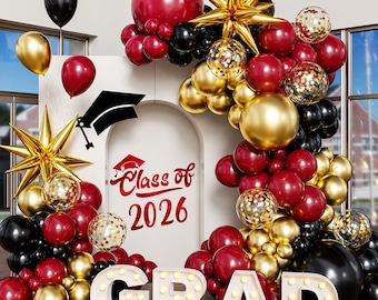 Burgundy Gold Balloon Arch Kit 130pcs Graduation Party Decor 2026 Black Balloons Star Foil Confetti Ribbon for School Celebration