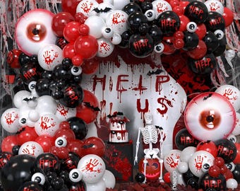 Halloween Bloody Balloon Garland Kit Red Black White Balloons Eyeball Foil Balloons for Horror Theme Party Decor