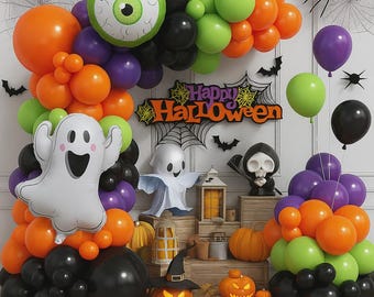 Halloween Balloon Garland Arch Kit – Ghost and Eyeball Foil Balloons with Black Orange Purple Green Balloons for Party Decorations