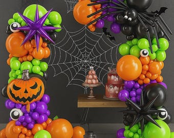 Halloween Balloon Arch Kit Black Orange Green Purple Balloons with Pumpkin Eyes BOO and Star Foil Balloons for Spooky Party Decorations