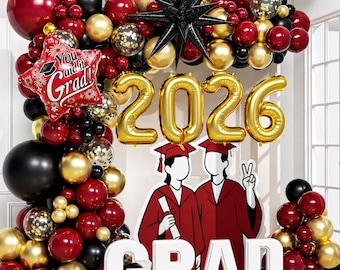Maroon & Gold Graduation Balloon Arch Kit 133pcs, Burgundy Black Confetti Balloons, Class of 2026 Party Decor Kit