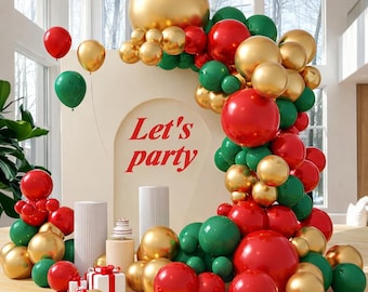 Red Green Gold Balloon Garland Kit 102pcs Mixed Size Latex Balloons Arch with Strip and Glue Dots for Holiday Party Decoration