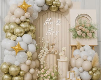 Cream White and Gold Balloon Arch Kit – Nude Beige and Champagne Balloons with Star Foils for Boho Wedding, Birthday, or Baby Shower Decor