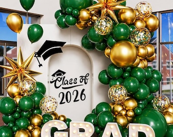 Green Gold Balloon Arch Kit 130pcs Graduation Party Decor 2026 Star Foil Confetti Balloons for School Celebration