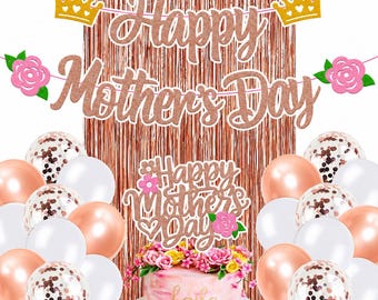 Mother’s Day Party Decoration Set, Rose Gold Banner, Cake Topper, Balloons & Foil Curtain, Mom Celebration Supplies