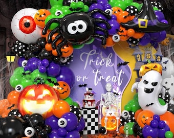 Spooky Halloween Balloon Arch Kit with Bat Stickers Pumpkin Ghost Eyeball Balloons for Birthday Party Decor