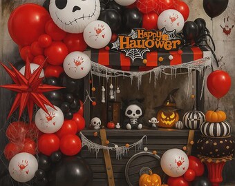 May include: A Halloween-themed display featuring a variety of decorations. Includes red and black balloons, Jack Skellington balloons, and white balloons with bloody handprints. The display also features a sign that says "Happy Halloween" and decorative pumpkins.