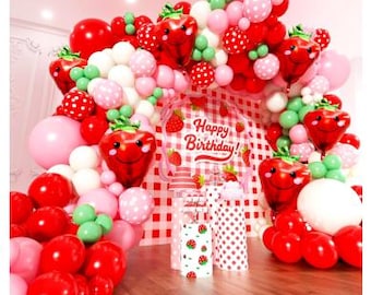 153PCS Strawberry Balloon Arch Garland Kit Red Pink Green Balloons for One Berry First Birthday Baby Shower Party Decor