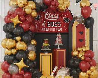 Black Burgundy and Gold Balloon Arch Kit – Maroon Red and Clear Balloons with Star Foils for Graduation, Birthday, or Baby Shower Decor