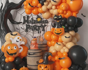 May include: A Halloween party decoration featuring orange, black, and tan balloons, a spider web backdrop, and a variety of Halloween-themed decorations. Includes jack-o'-lanterns, a black cat balloon, and a cake. The words "Halloween Party" are displayed.
