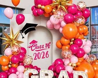 Pink Orange Balloon Arch Kit 130pcs Graduation Party Decor 2026 Hot Pink Balloons Star Foil Confetti for School Celebration