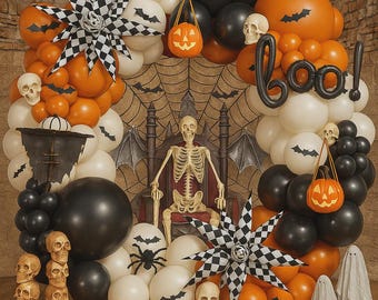 Halloween Balloon Arch Kit – Black Orange White Balloons with BOO Foil, Star Balloons, and 3D Bats for Spooky Party Decor