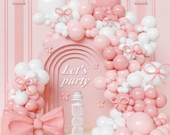 Pink White Balloon Garland Kit 102pcs Bow Theme Latex Balloons Arch with Strip and Glue Dots for Birthday Party Decoration
