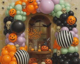 Halloween Balloon Arch Kit 123pcs Black Orange Purple Green Balloons with Striped Foil and Smiley Face Balloons for Spooky Party Decorations