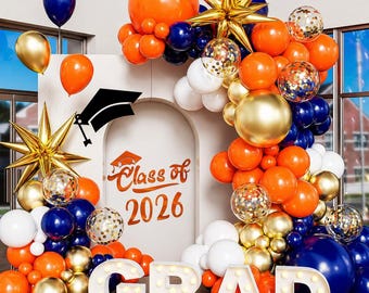 Blue Orange Balloon Arch Kit 130pcs Graduation Party Decor 2026 Navy Gold Balloons Star Foil Confetti for School Celebration